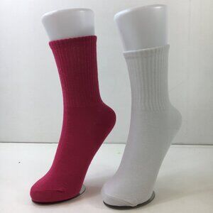 Womens Crew Socks Set 2 Solid Ribbed Texture Pink White